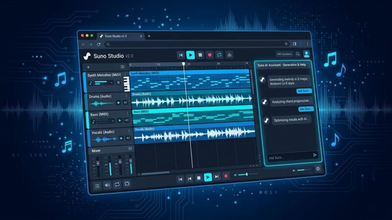 Suno Studio 2.0 browser-based generative audio workstation with MIDI timeline and AI chat sidebar