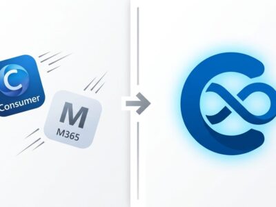 Split-screen showing Microsoft Copilot app consolidation from two separate apps into one unified Super App interface