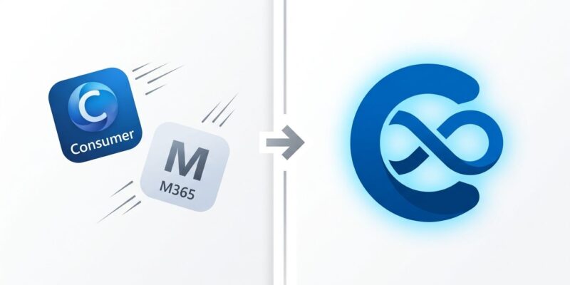 Split-screen showing Microsoft Copilot app consolidation from two separate apps into one unified Super App interface