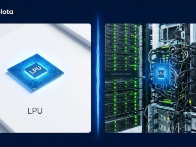 Split-screen illustration showing Groq LPU chip absorbed into Nvidia GPU infrastructure, representing the company's pivot from chip maker to neocloud provider