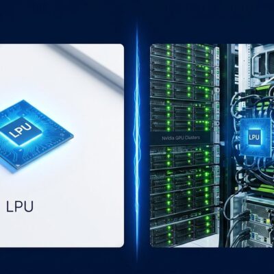 Split-screen illustration showing Groq LPU chip absorbed into Nvidia GPU infrastructure, representing the company's pivot from chip maker to neocloud provider
