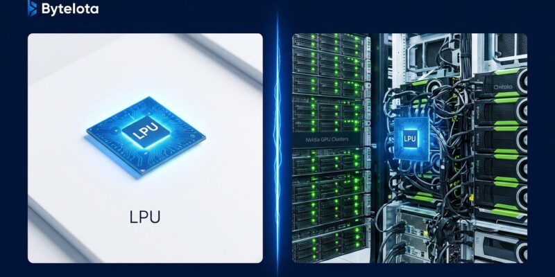 Split-screen illustration showing Groq LPU chip absorbed into Nvidia GPU infrastructure, representing the company's pivot from chip maker to neocloud provider