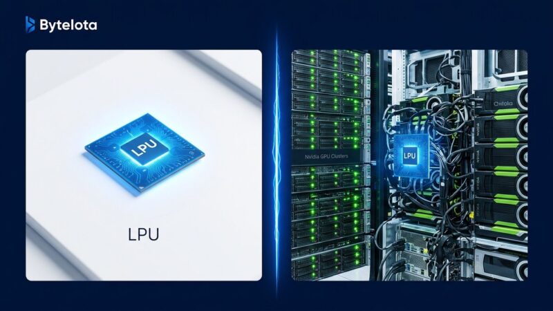 Split-screen illustration showing Groq LPU chip absorbed into Nvidia GPU infrastructure, representing the company's pivot from chip maker to neocloud provider
