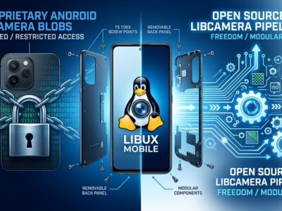 Fairphone 6 modular smartphone with Linux Tux penguin on screen showing open-source camera pipeline vs proprietary blobs