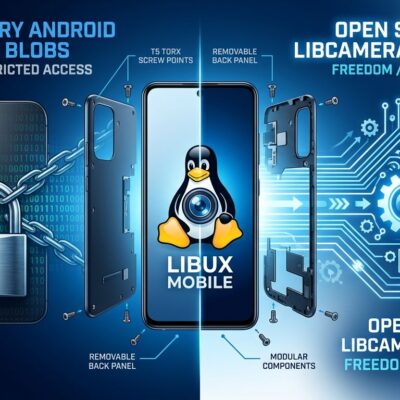 Fairphone 6 modular smartphone with Linux Tux penguin on screen showing open-source camera pipeline vs proprietary blobs