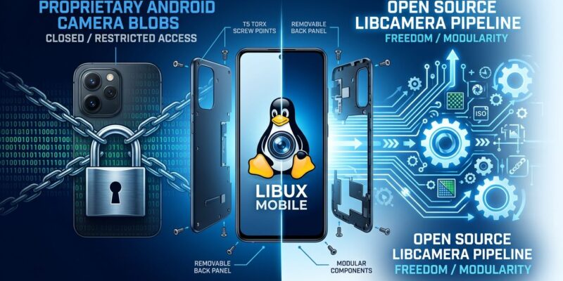 Fairphone 6 modular smartphone with Linux Tux penguin on screen showing open-source camera pipeline vs proprietary blobs
