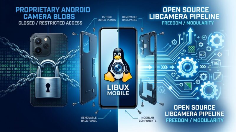 Fairphone 6 modular smartphone with Linux Tux penguin on screen showing open-source camera pipeline vs proprietary blobs