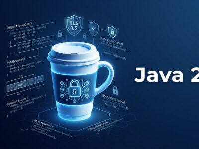 Java 27 JDK release candidate featuring quantum lock, compact object headers, and TLS security symbols on dark blue background