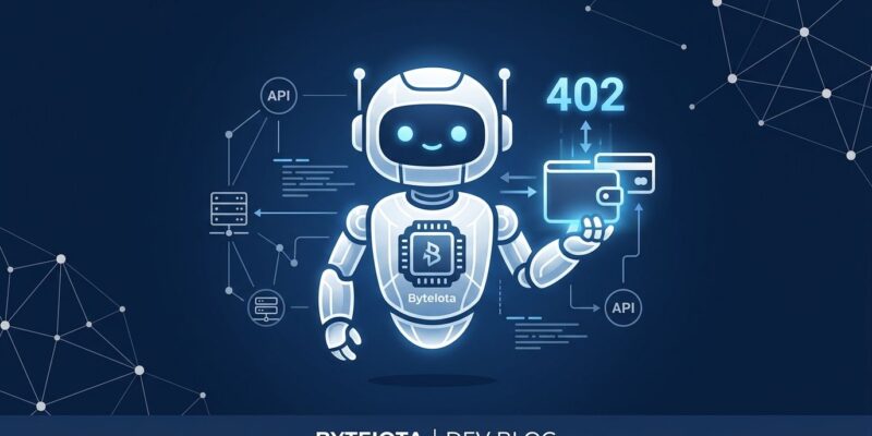 AI agent connected to Cloudflare Wallet and x402 payment network with HTTP 402 status code visualization