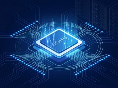 Etched Sohu transformer-only ASIC chip glowing with blue data streams, outperforming Nvidia GPU racks