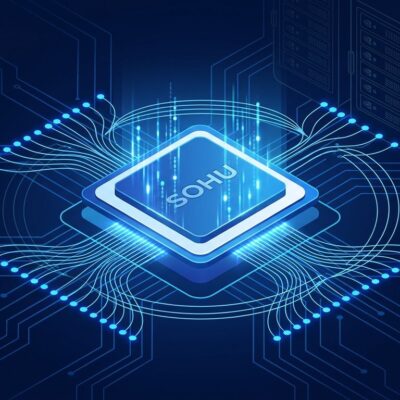 Etched Sohu transformer-only ASIC chip glowing with blue data streams, outperforming Nvidia GPU racks