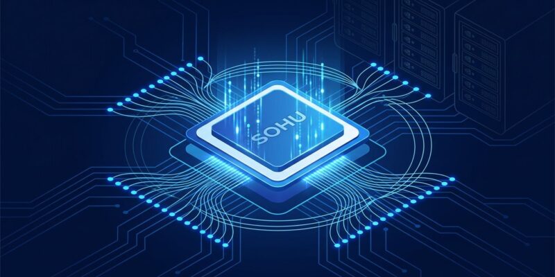 Etched Sohu transformer-only ASIC chip glowing with blue data streams, outperforming Nvidia GPU racks