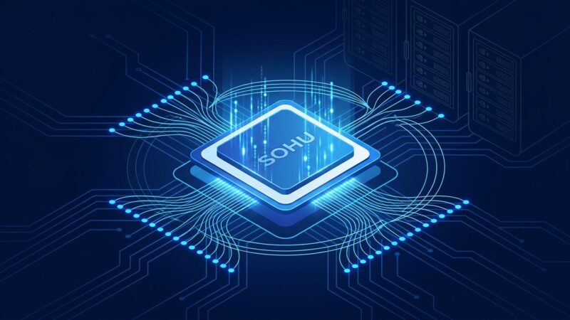 Etched Sohu transformer-only ASIC chip glowing with blue data streams, outperforming Nvidia GPU racks