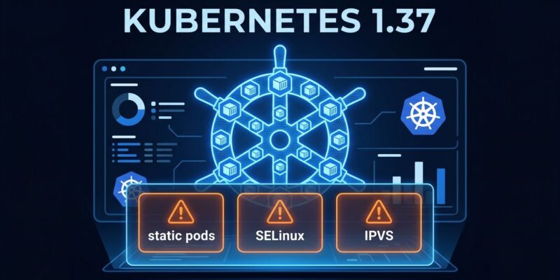 Kubernetes 1.37 release dashboard showing breaking changes for static pods, SELinuxMount, and IPVS deprecation
