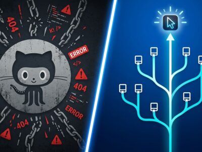 Split-screen comparison showing GitHub error indicators on the left and Cursor Origin git hosting launching on the right
