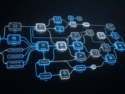 ComfyUI node-based AI workflow graph showing interconnected nodes for AI image generation