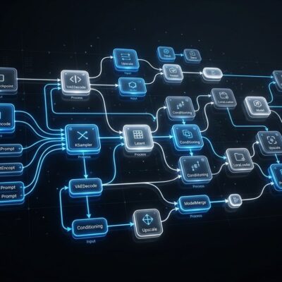 ComfyUI node-based AI workflow graph showing interconnected nodes for AI image generation