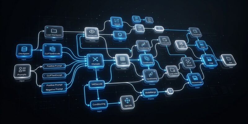 ComfyUI node-based AI workflow graph showing interconnected nodes for AI image generation