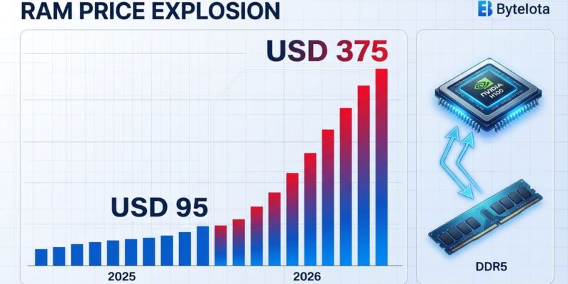 Bar chart showing DDR5 RAM prices exploding 500% in 2026 as AI data centers redirect DRAM wafer capacity to HBM production