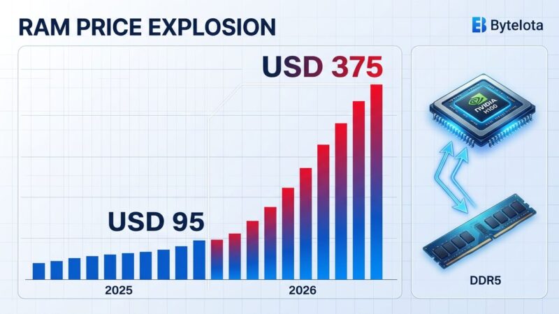 Bar chart showing DDR5 RAM prices exploding 500% in 2026 as AI data centers redirect DRAM wafer capacity to HBM production