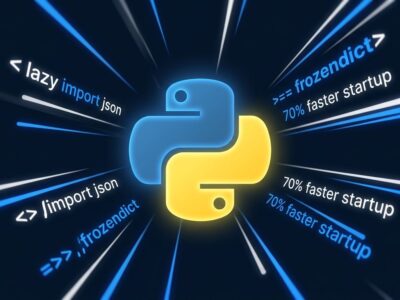 Python 3.15 logo with lazy import and frozendict code symbols on a dark blue background