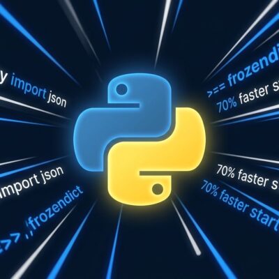 Python 3.15 logo with lazy import and frozendict code symbols on a dark blue background