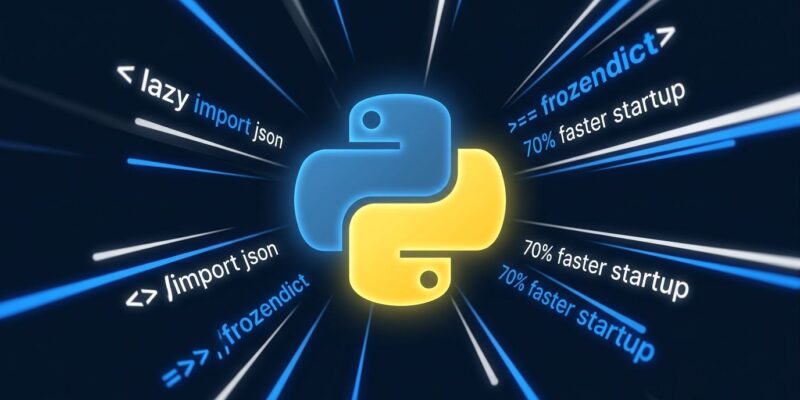 Python 3.15 logo with lazy import and frozendict code symbols on a dark blue background
