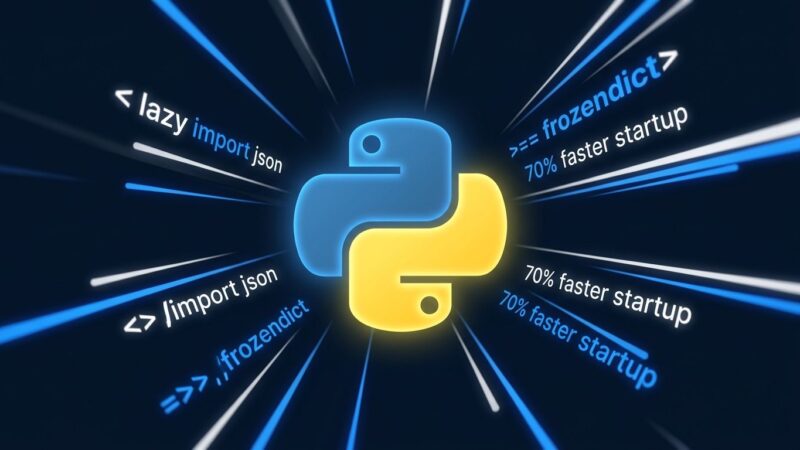 Python 3.15 logo with lazy import and frozendict code symbols on a dark blue background