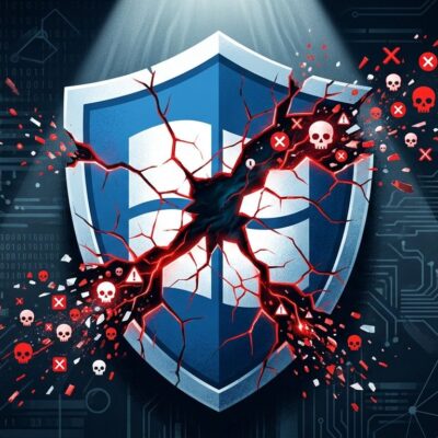 Windows security shield with fractures representing CVE-2026-68820 zero-day vulnerability exploited by Lazarus Group in August 2026 Patch Tuesday