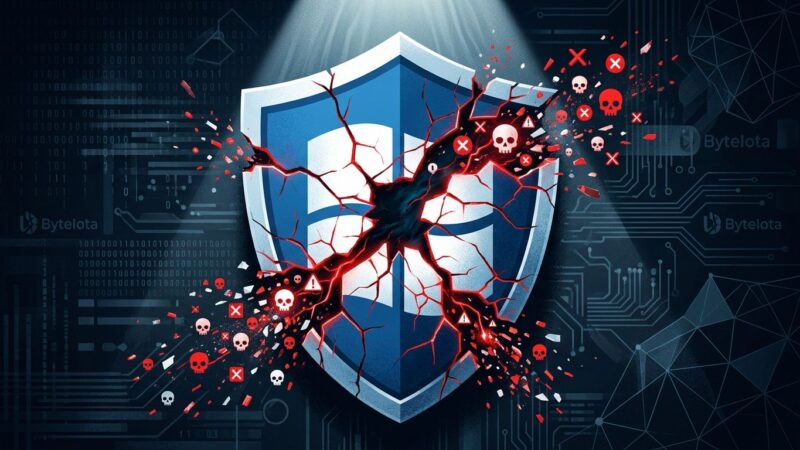 Windows security shield with fractures representing CVE-2026-68820 zero-day vulnerability exploited by Lazarus Group in August 2026 Patch Tuesday