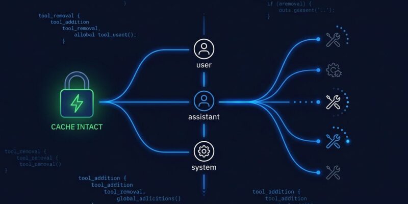 Diagram showing Claude API mid-conversation tool changes with cache preservation visualization