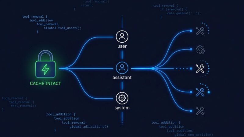 Diagram showing Claude API mid-conversation tool changes with cache preservation visualization