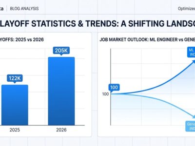 Data visualization showing 2026 tech layoff bar chart comparing 205K vs 2025 122K total, with bifurcation graph showing ML engineer vs general SWE job index trends