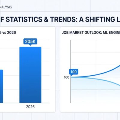 Data visualization showing 2026 tech layoff bar chart comparing 205K vs 2025 122K total, with bifurcation graph showing ML engineer vs general SWE job index trends