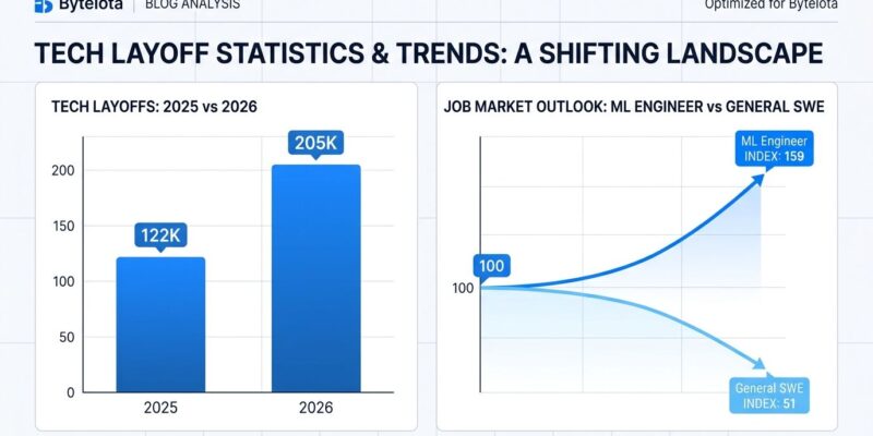 Data visualization showing 2026 tech layoff bar chart comparing 205K vs 2025 122K total, with bifurcation graph showing ML engineer vs general SWE job index trends