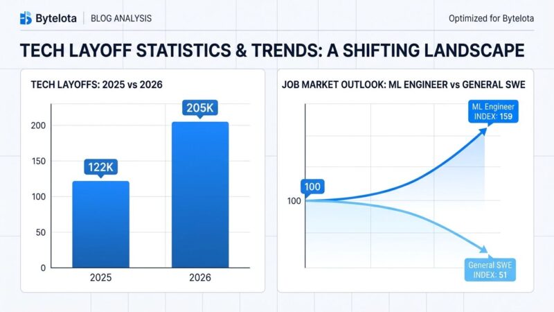 Data visualization showing 2026 tech layoff bar chart comparing 205K vs 2025 122K total, with bifurcation graph showing ML engineer vs general SWE job index trends