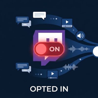 Twitch logo with Amazon AI training opt-in toggle and data streams flowing to AWS cloud