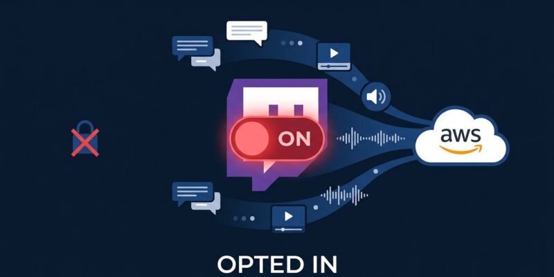 Twitch logo with Amazon AI training opt-in toggle and data streams flowing to AWS cloud