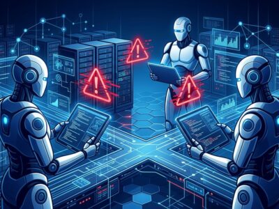 Three AI agents in a server environment confronting each other in a digital turf war