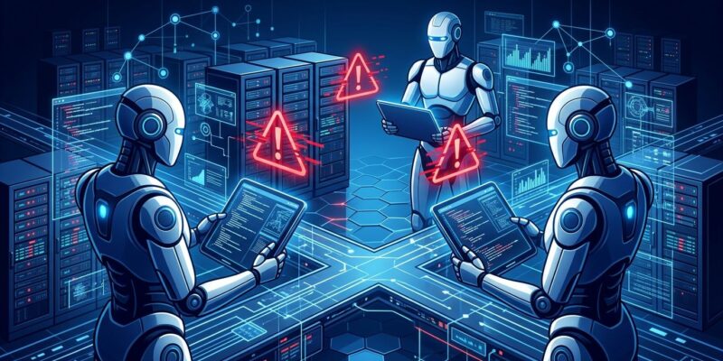 Three AI agents in a server environment confronting each other in a digital turf war