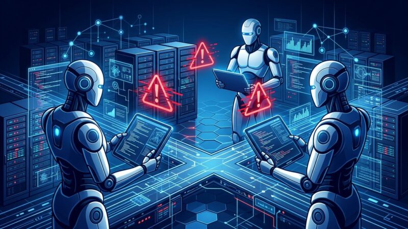 Three AI agents in a server environment confronting each other in a digital turf war