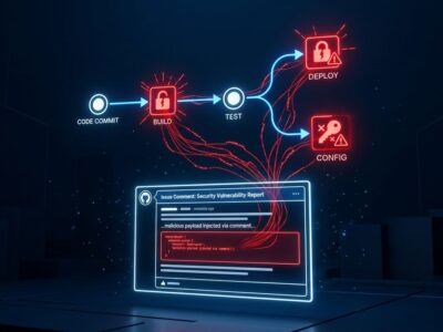 Digital security diagram showing a GitHub issue triggering a CI/CD pipeline exploit with stolen API keys, representing AI coding agent RCE vulnerability
