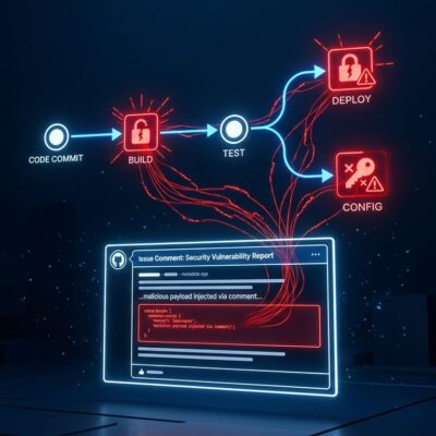 Digital security diagram showing a GitHub issue triggering a CI/CD pipeline exploit with stolen API keys, representing AI coding agent RCE vulnerability