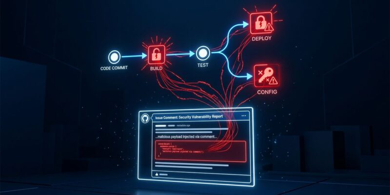 Digital security diagram showing a GitHub issue triggering a CI/CD pipeline exploit with stolen API keys, representing AI coding agent RCE vulnerability