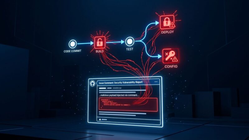 Digital security diagram showing a GitHub issue triggering a CI/CD pipeline exploit with stolen API keys, representing AI coding agent RCE vulnerability