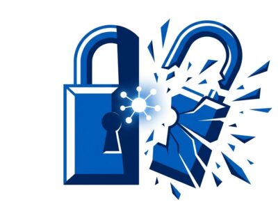 Bold conceptual illustration of a padlock split by AI - representing GPT-5.6-Cyber breaking through security barriers