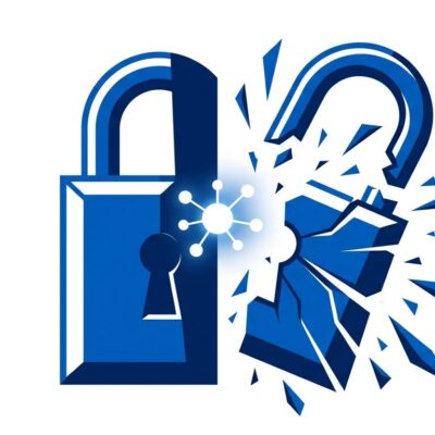 Bold conceptual illustration of a padlock split by AI - representing GPT-5.6-Cyber breaking through security barriers