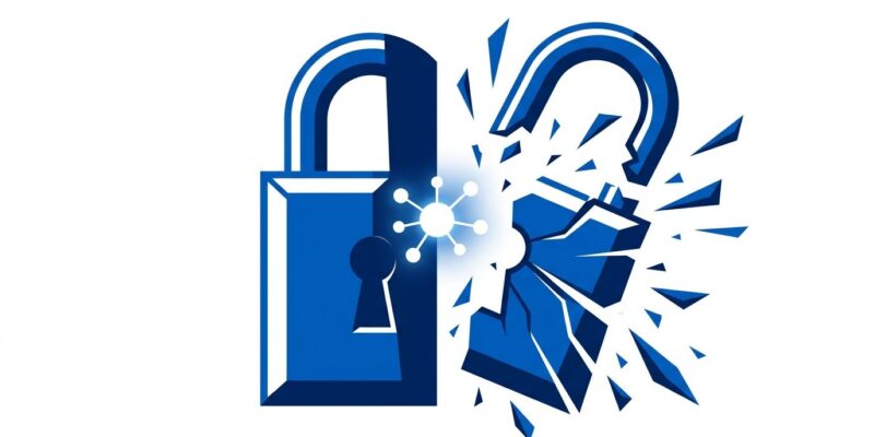 Bold conceptual illustration of a padlock split by AI - representing GPT-5.6-Cyber breaking through security barriers
