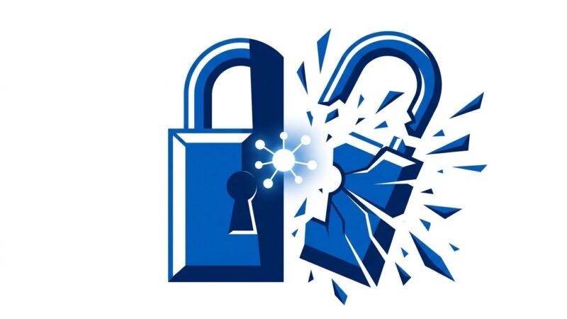 Bold conceptual illustration of a padlock split by AI - representing GPT-5.6-Cyber breaking through security barriers