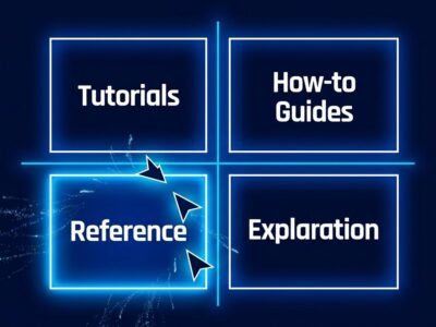 Diátaxis four-quadrant framework diagram with AI agent cursor selecting the Reference quadrant, blue and white ByteIota design